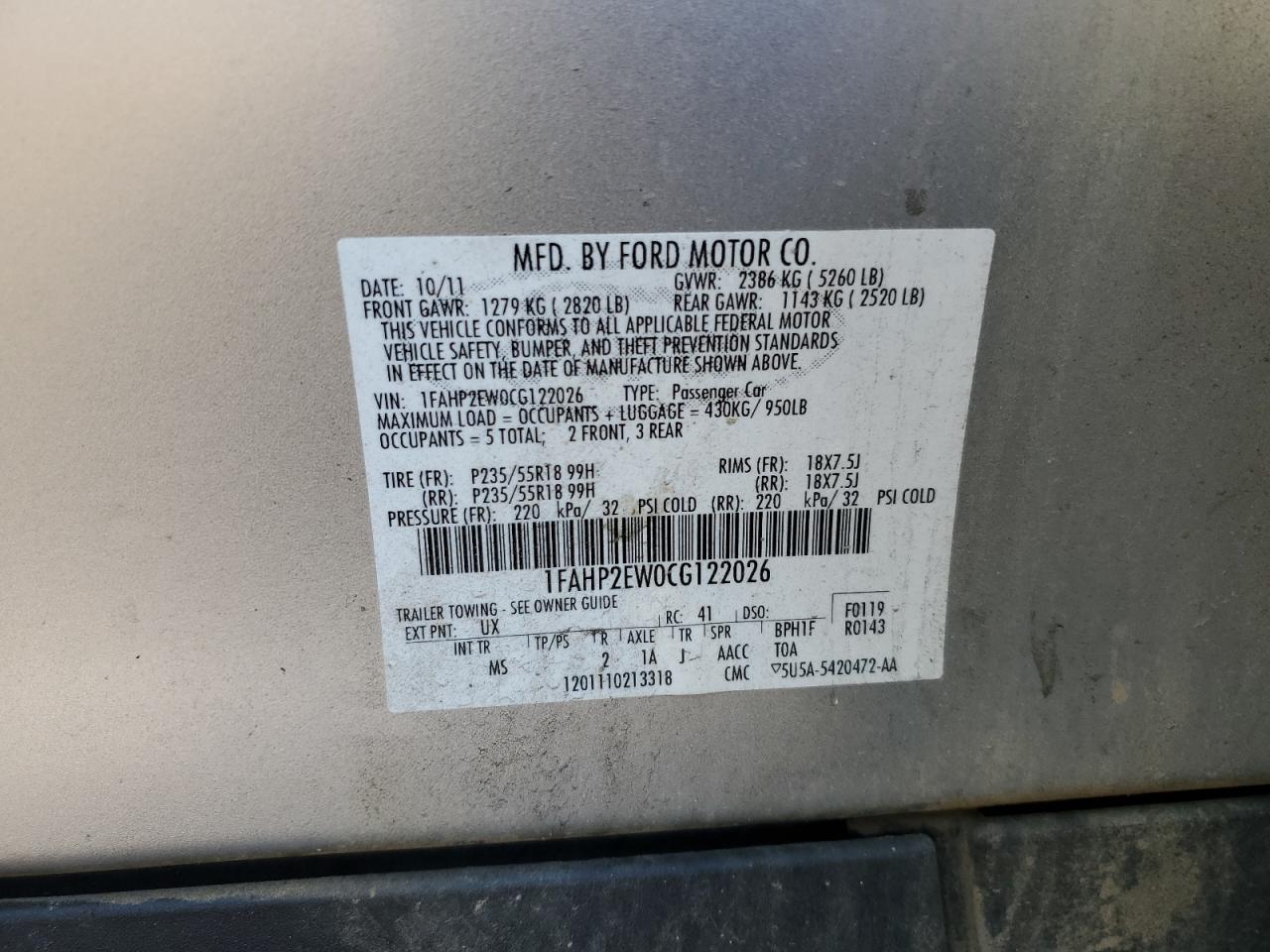 1FAHP2EW0CG122026 2012 Ford Taurus Sel