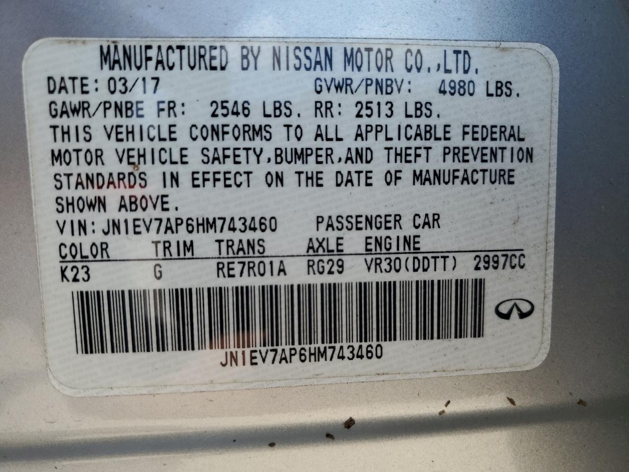 JN1EV7AP6HM743460 2017 Infiniti Q50 Premium