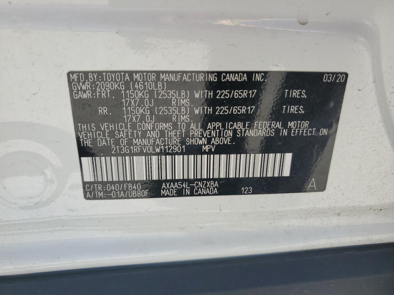 2T3G1RFV0LW112901 2020 Toyota Rav4 Le