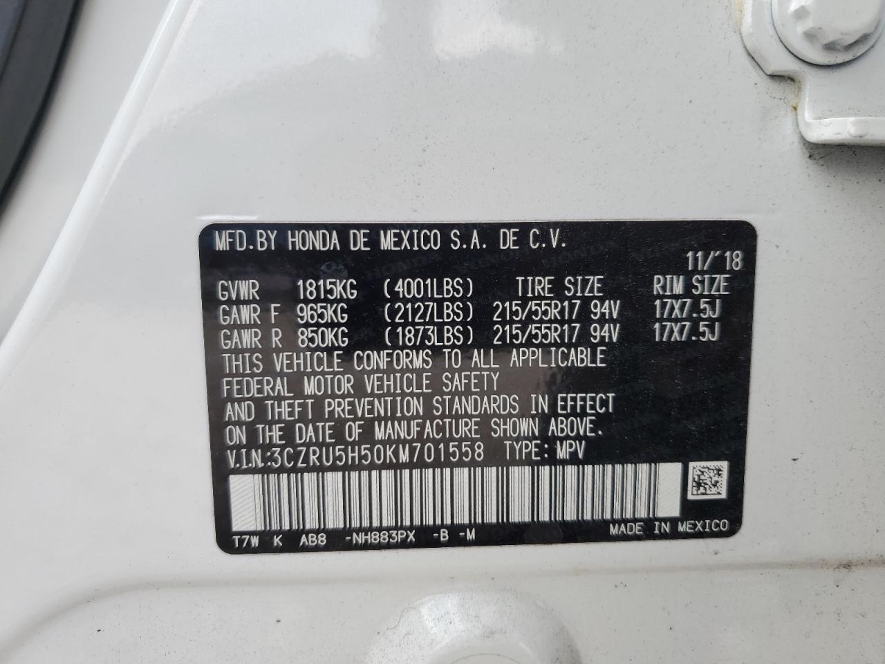 3CZRU5H50KM701558 2019 Honda Hr-V Ex