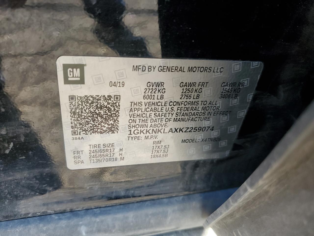 1GKKNKLAXKZ259074 2019 GMC Acadia Sle