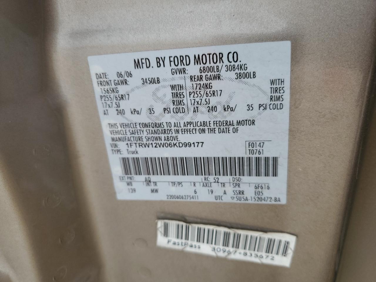 1FTRW12W06KD99177 2006 Ford F150 Supercrew