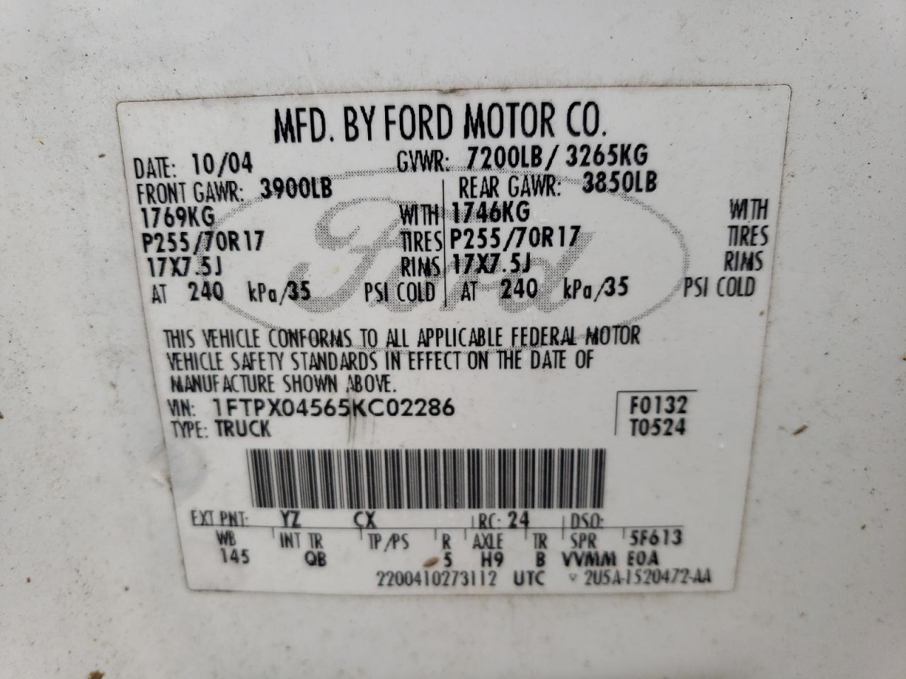 1FTPX04565KC02286 2005 Ford F150