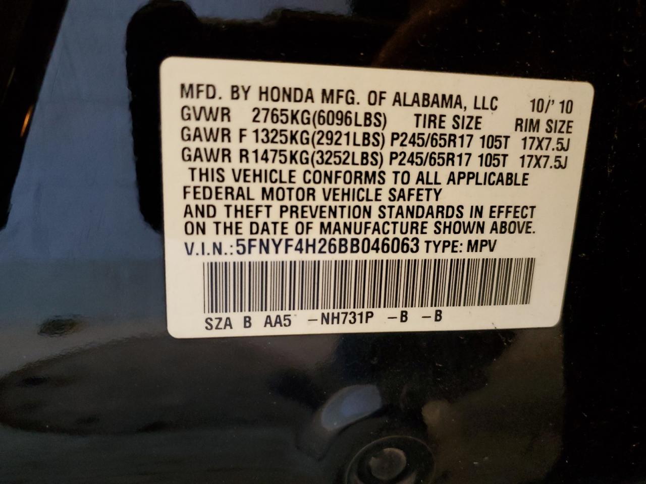 5FNYF4H26BB046063 2011 Honda Pilot Lx