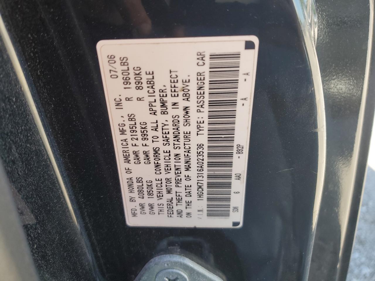 1HGCM71316A023536 2006 Honda Accord Lx