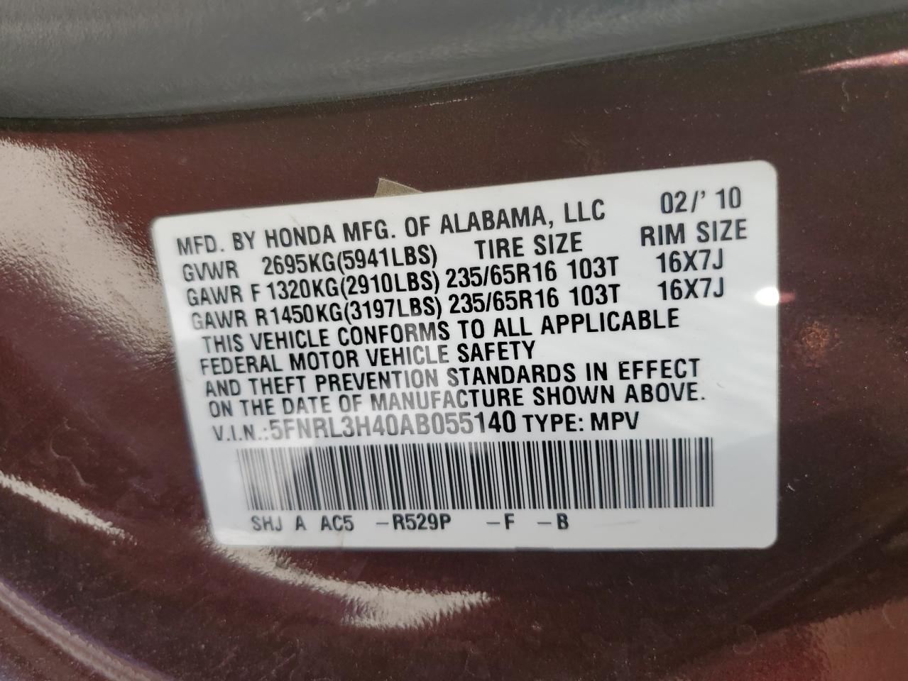 5FNRL3H40AB055140 2010 Honda Odyssey Ex