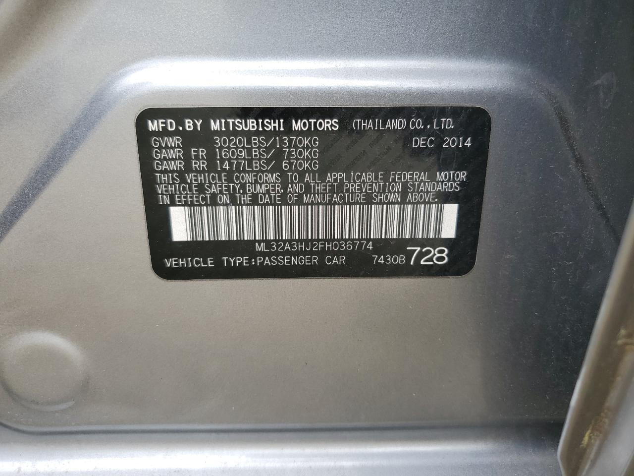 ML32A3HJ2FH036774 2015 Mitsubishi Mirage De