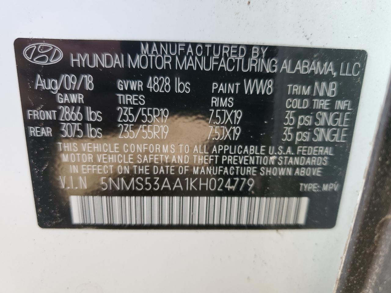 5NMS53AA1KH024779 2019 Hyundai Santa Fe Limited