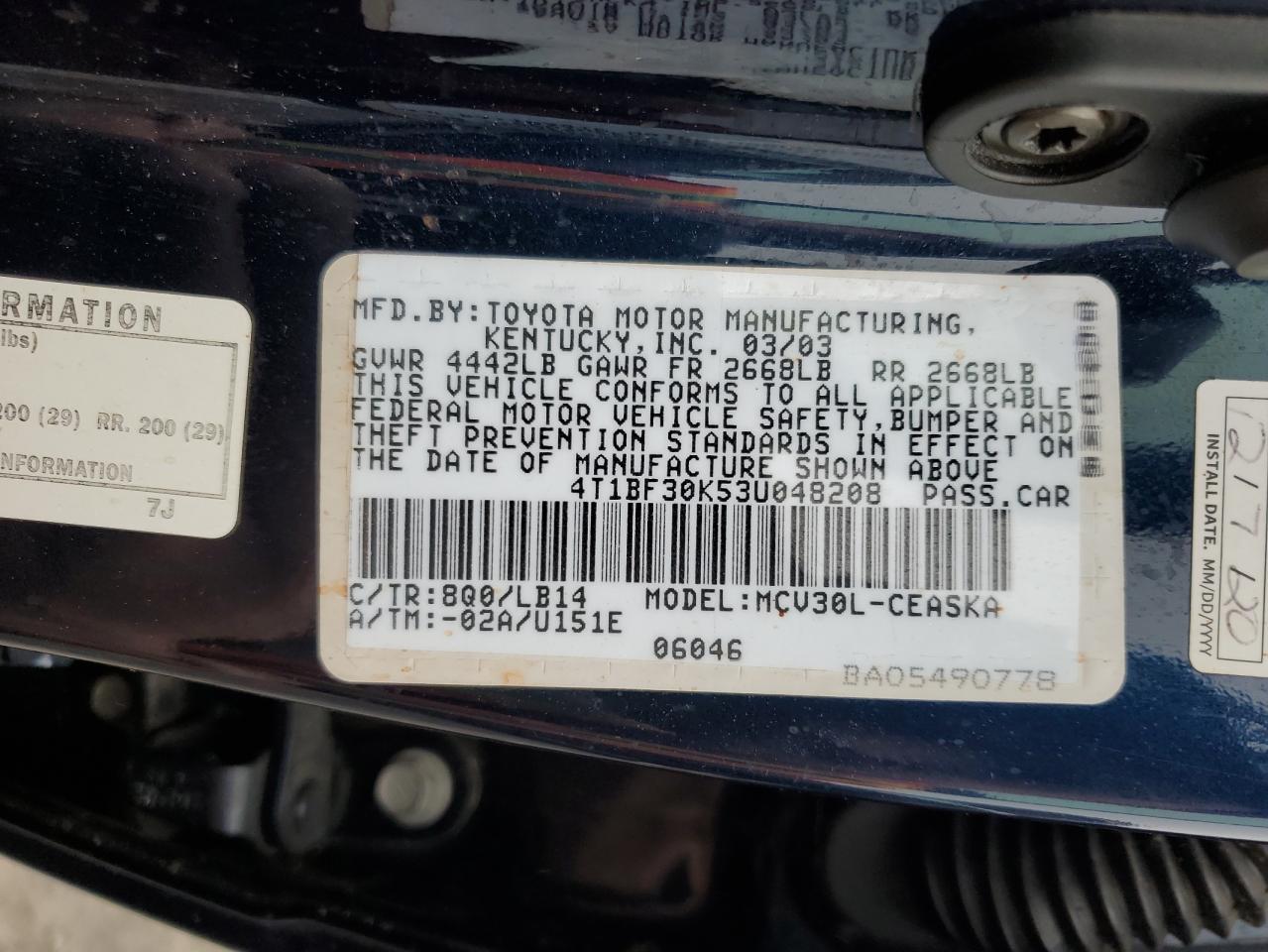 4T1BF30K53U048208 2003 Toyota Camry Le