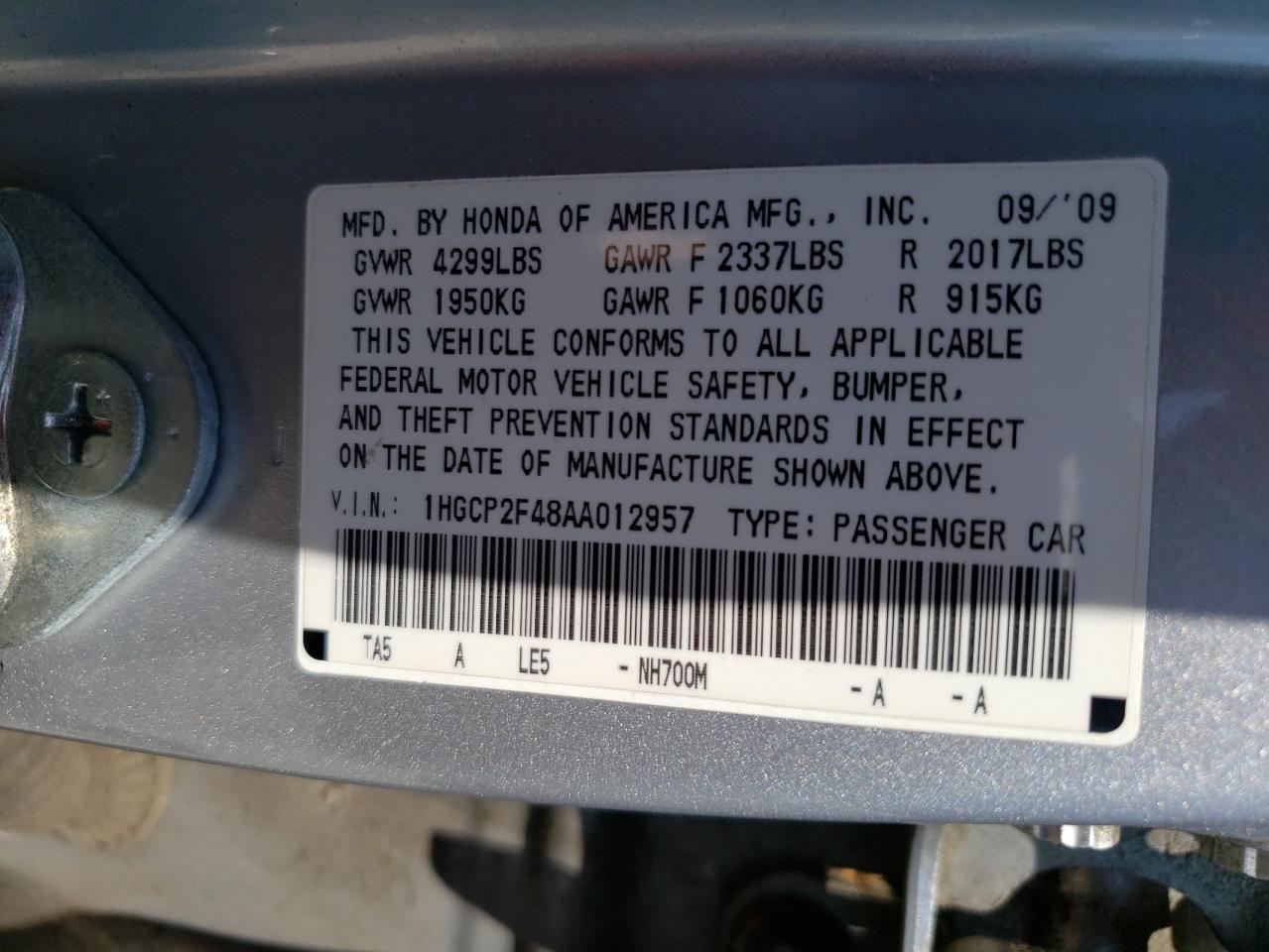 1HGCP2F48AA012957 2010 Honda Accord Lxp