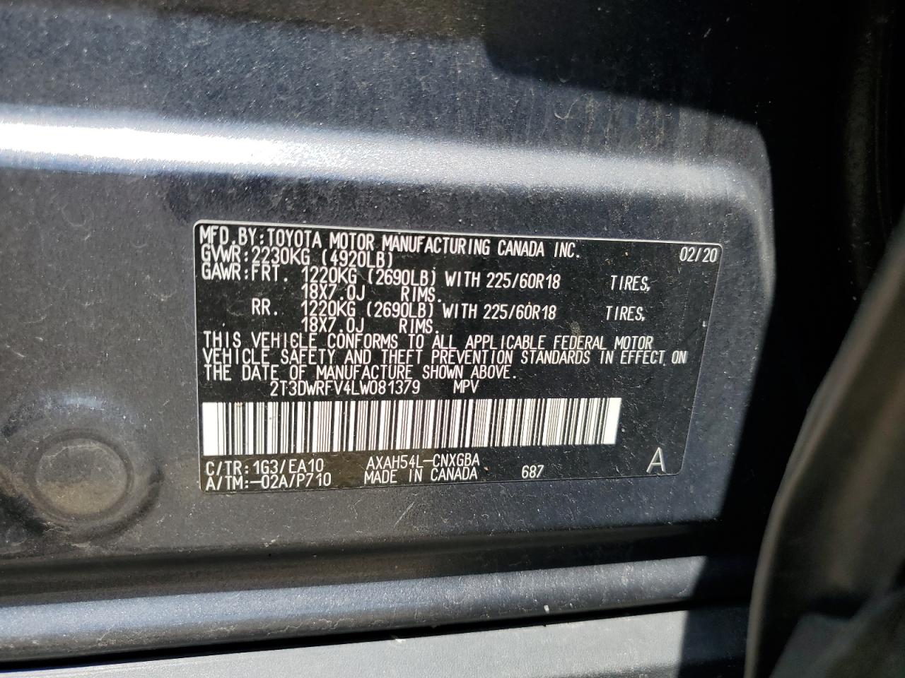 2T3DWRFV4LW081379 2020 Toyota Rav4 Limited