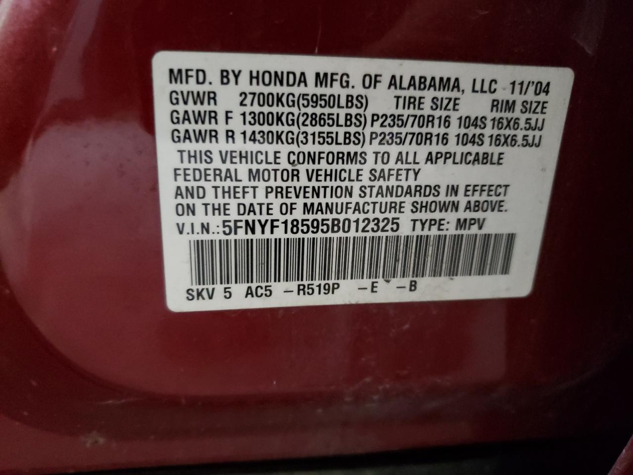 5FNYF18595B012325 2005 Honda Pilot Exl