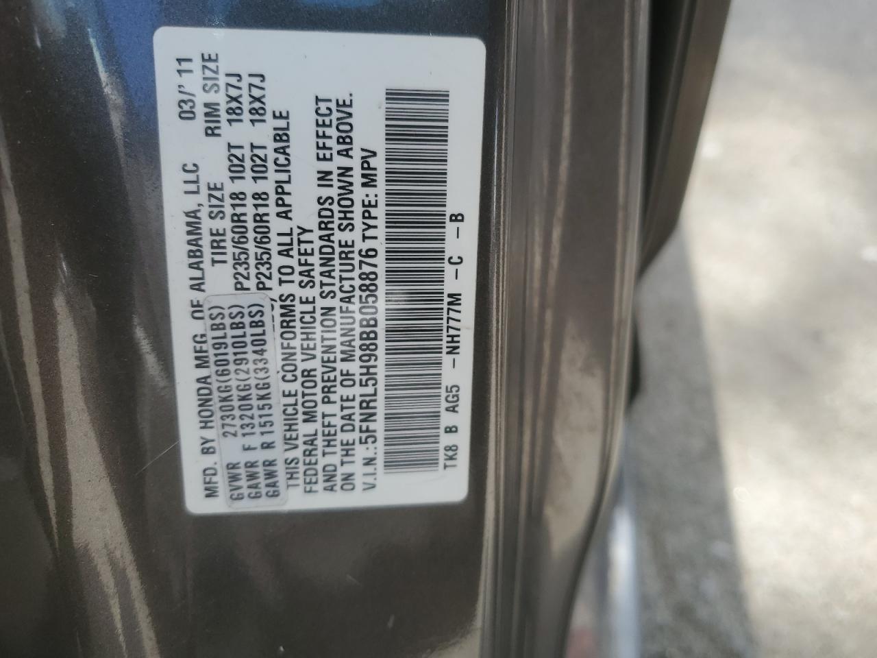 5FNRL5H98BB058876 2011 Honda Odyssey Touring