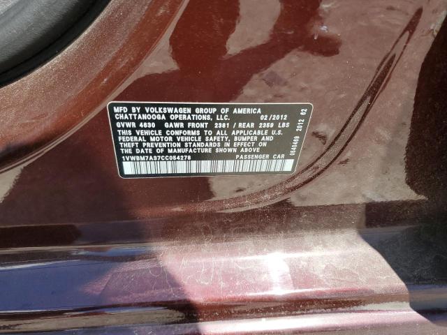 2012 Volkswagen Passat Se VIN: 1VWBM7A37CC054278 Lot: 56565714