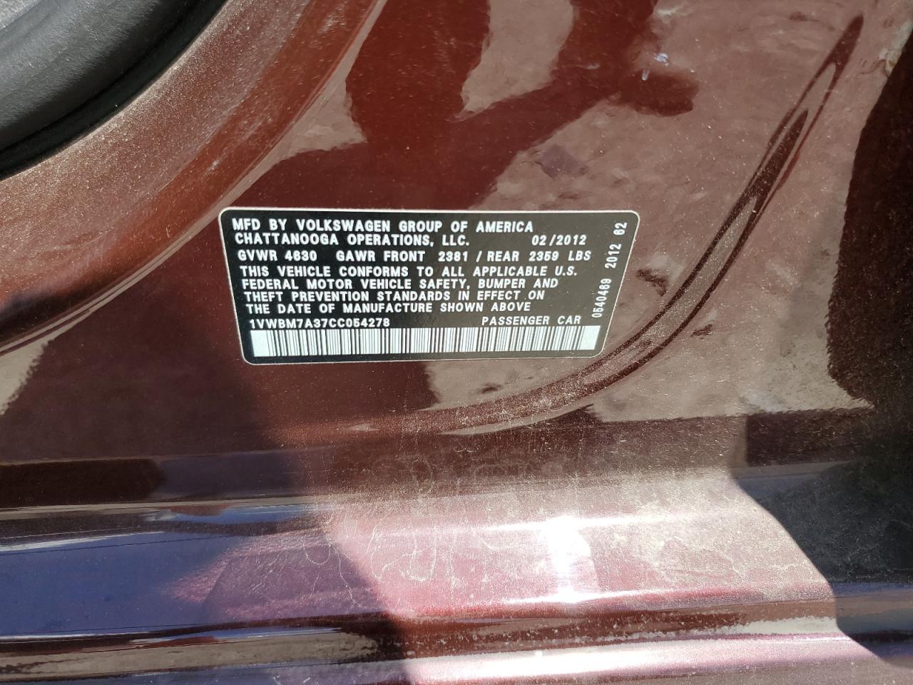 1VWBM7A37CC054278 2012 Volkswagen Passat Se