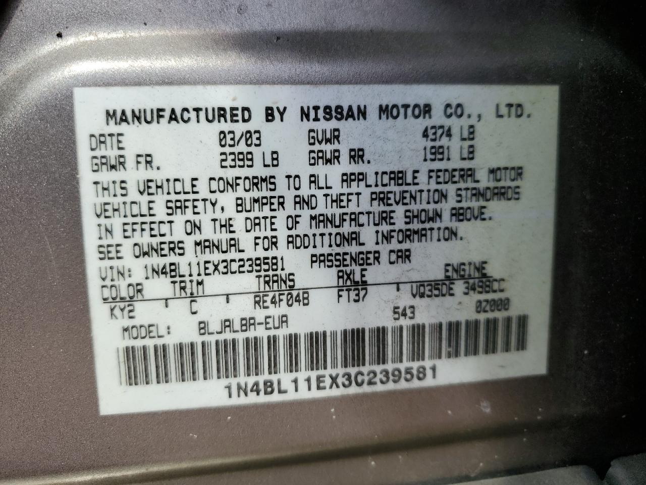 1N4BL11EX3C239581 2003 Nissan Altima Se