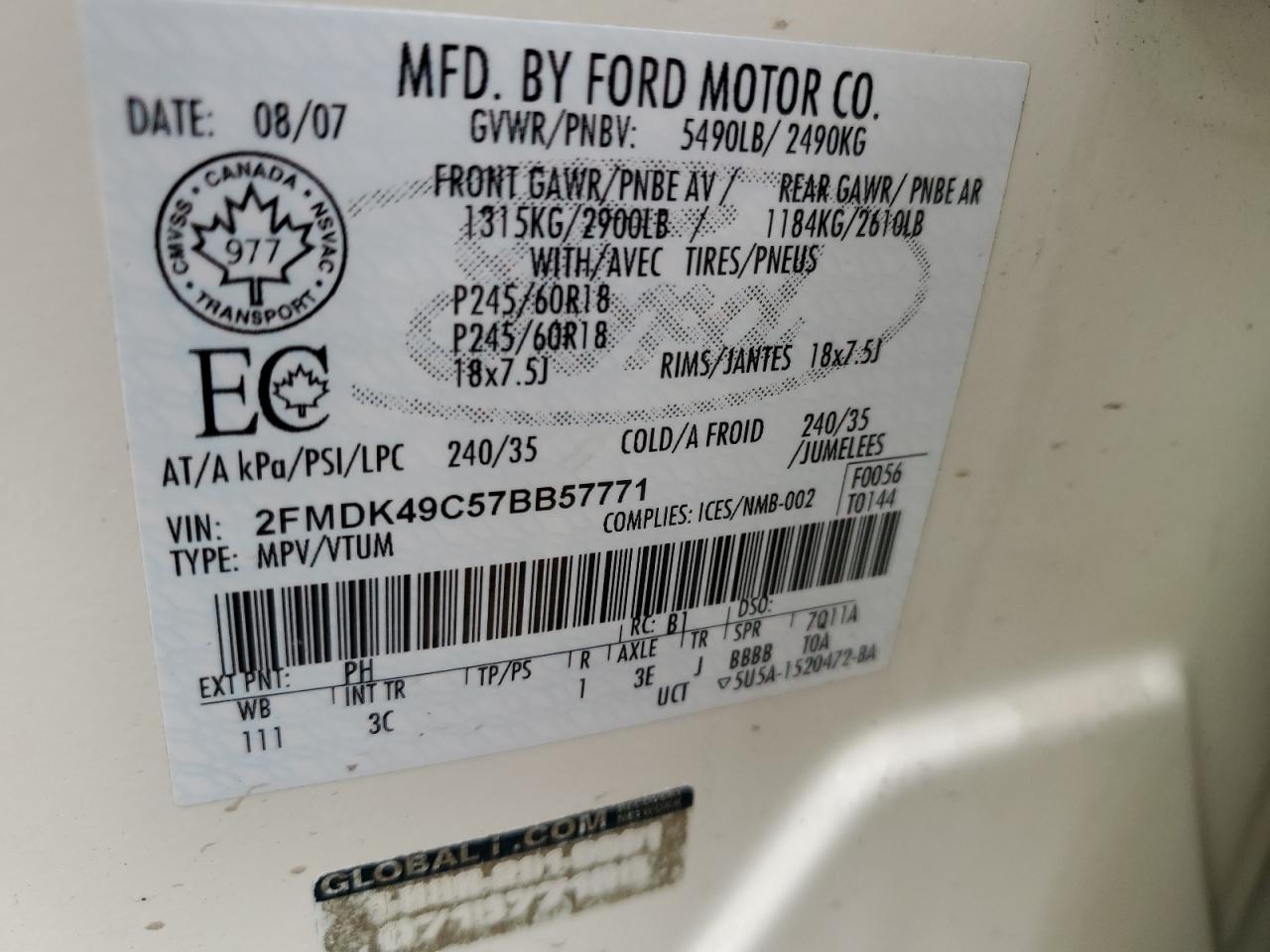 2FMDK49C57BB57771 2007 Ford Edge Sel Plus