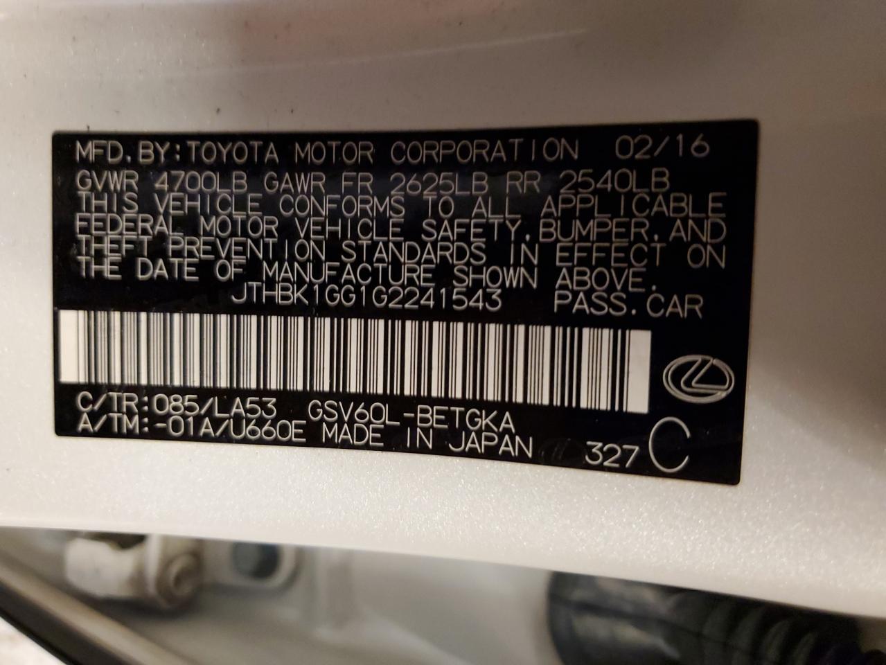 JTHBK1GG1G2241543 2016 Lexus Es 350