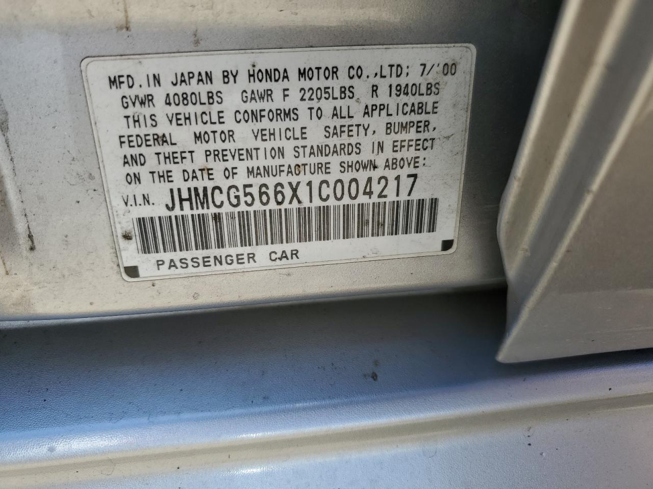 JHMCG566X1C004217 2001 Honda Accord Ex