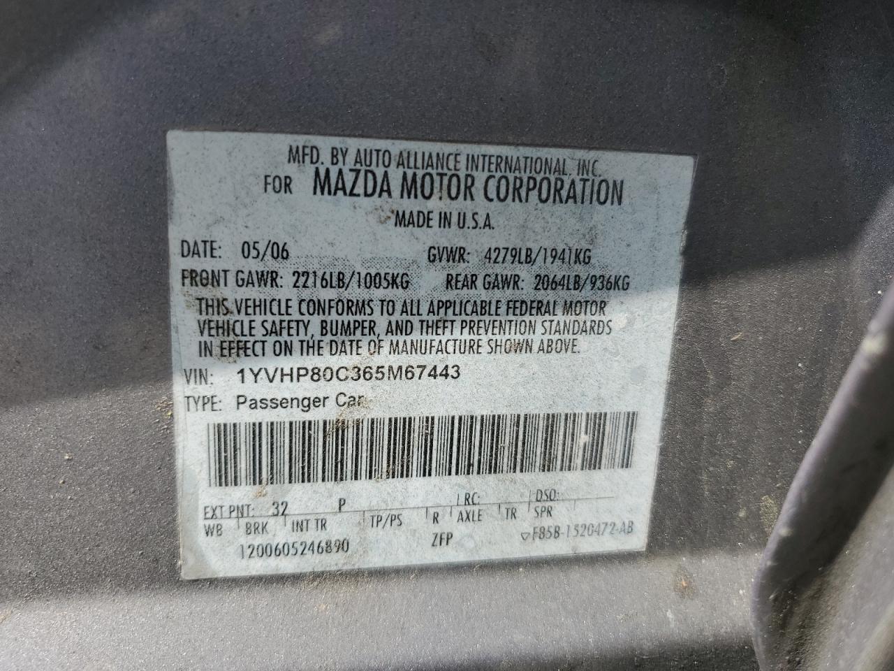 1YVHP80C365M67443 2006 Mazda 6 I