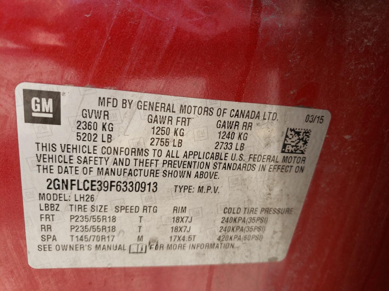 2GNFLCE39F6330913 2015 Chevrolet Equinox Lt