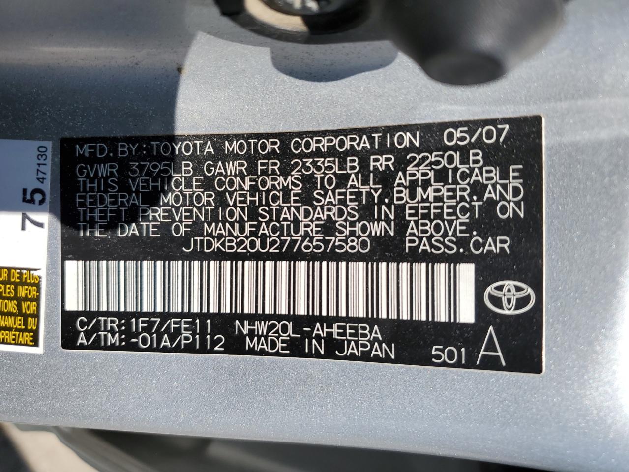 JTDKB20U277657580 2007 Toyota Prius