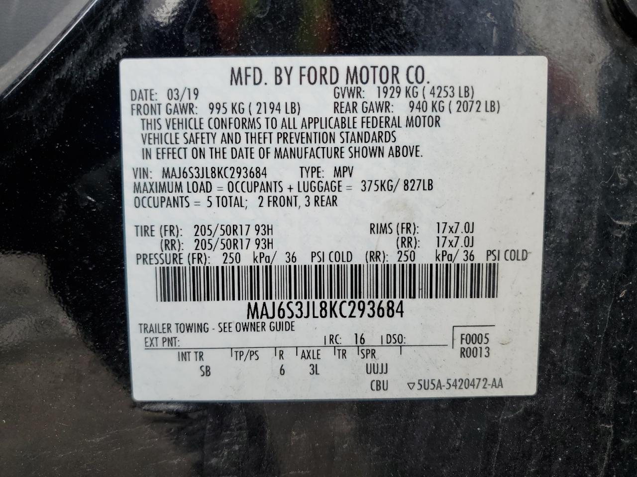 MAJ6S3JL8KC293684 2019 Ford Ecosport Ses