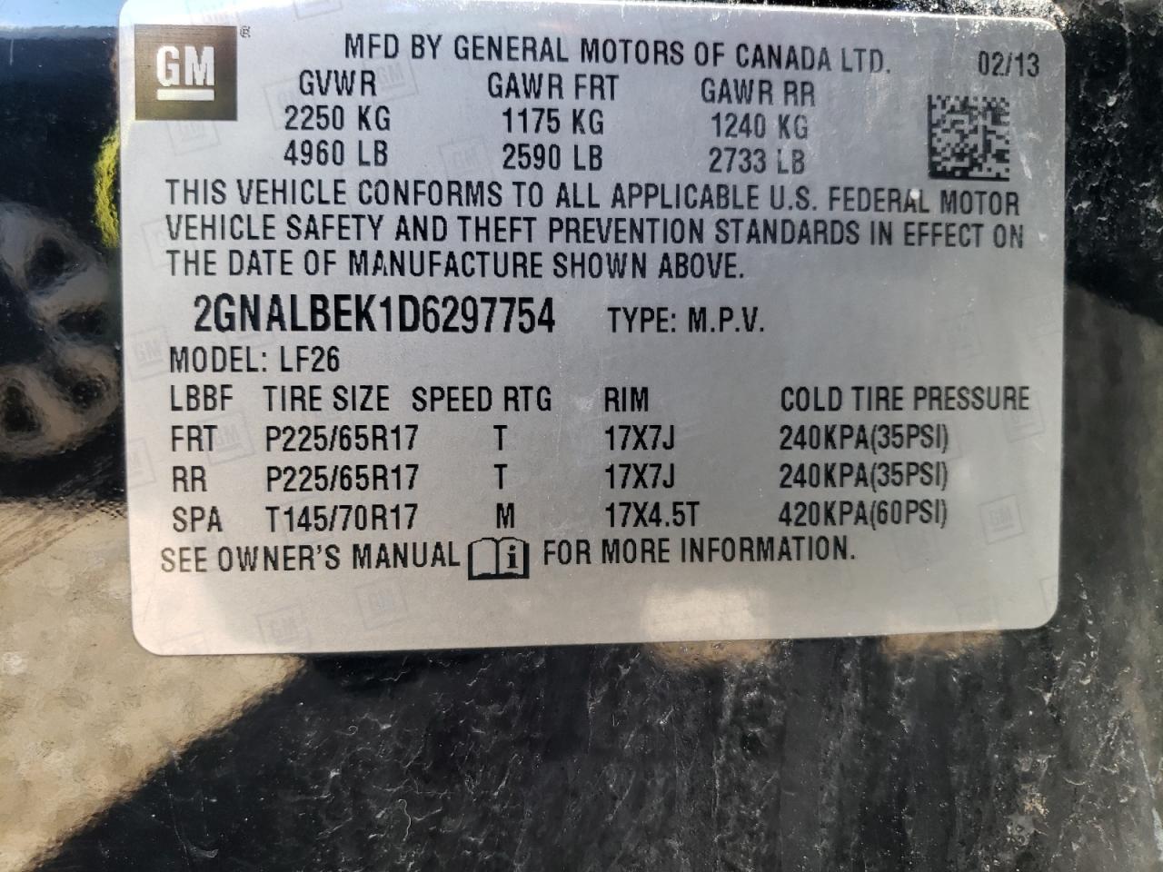 2GNALBEK1D6297754 2013 Chevrolet Equinox Ls