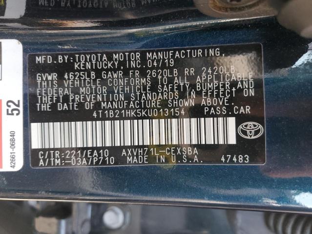 VIN 4T1B21HK5KU013154 2019 Toyota Camry, Hybrid no.12