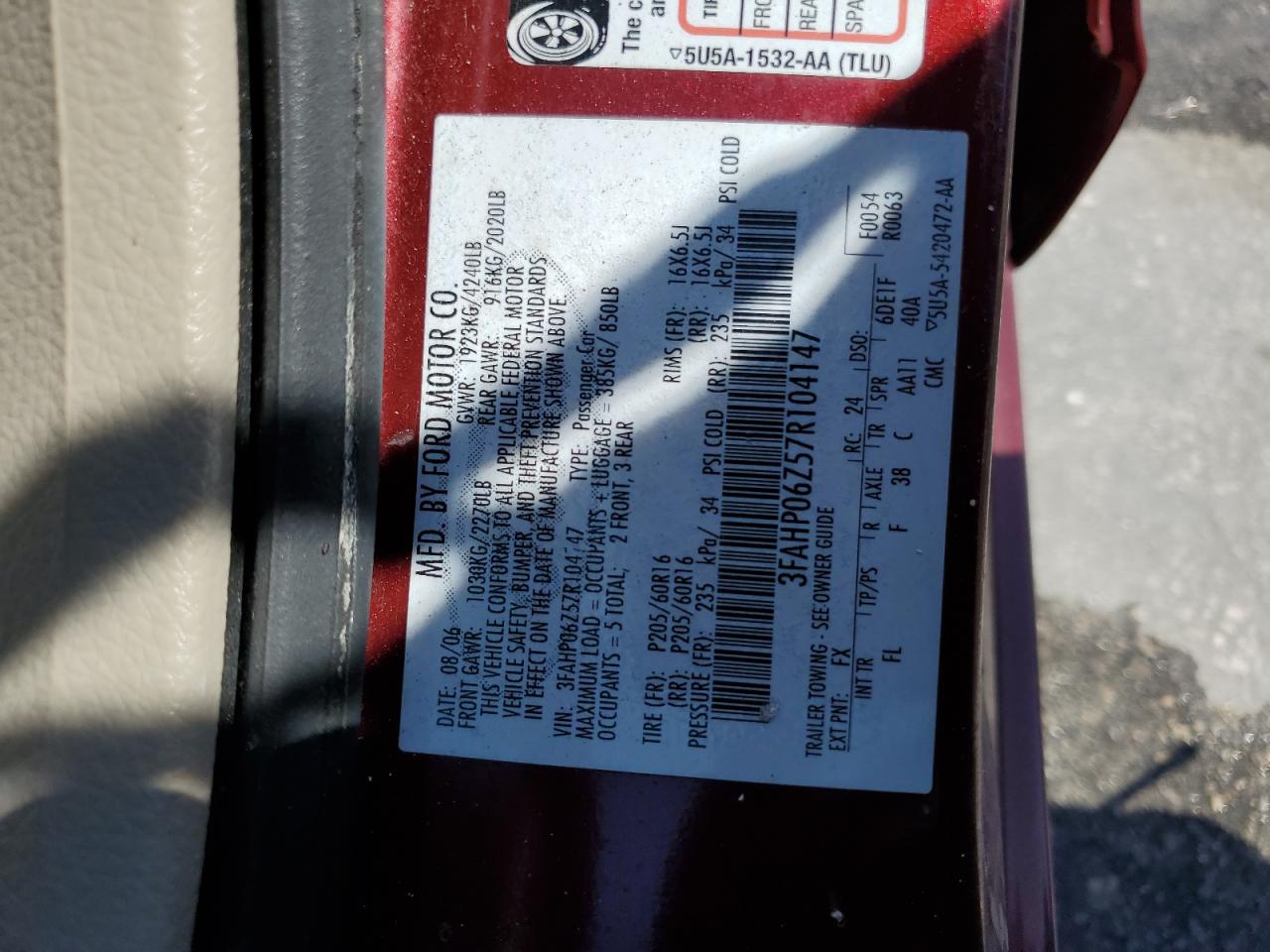 3FAHP06Z57R104147 2007 Ford Fusion S