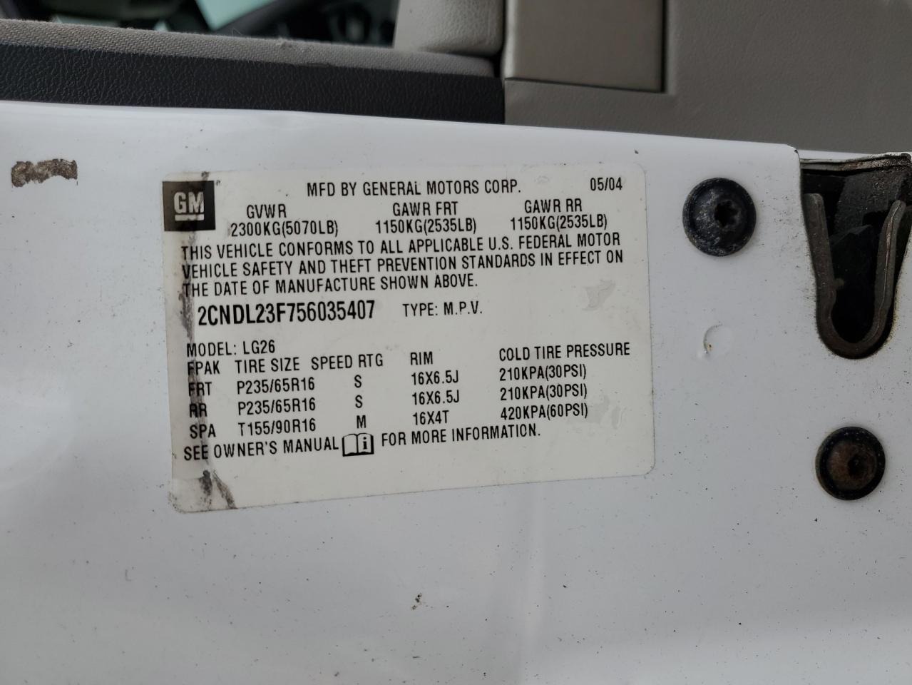 2CNDL23F756035407 2005 Chevrolet Equinox Ls