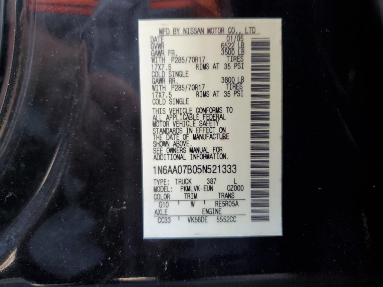 1N6AA07B05N521333 2005 Nissan Titan Xe