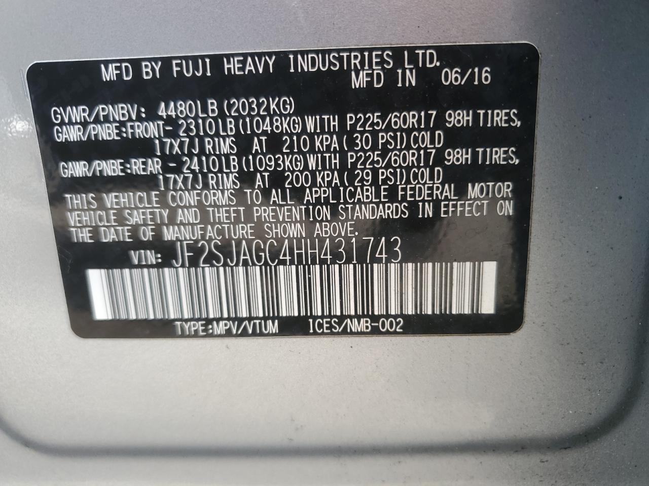 JF2SJAGC4HH431743 2017 Subaru Forester 2.5I Premium