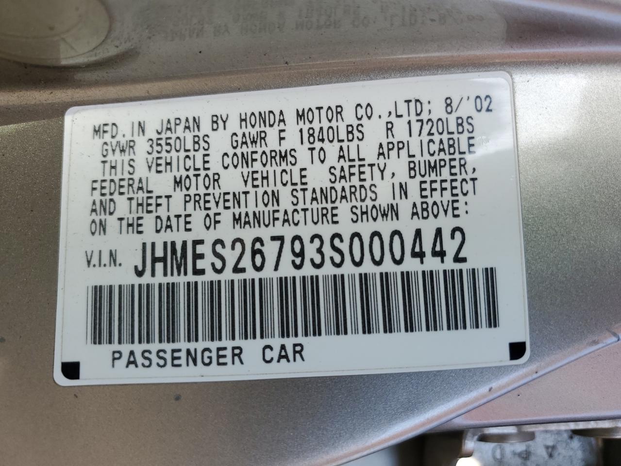 JHMES26793S000442 2003 Honda Civic Ex