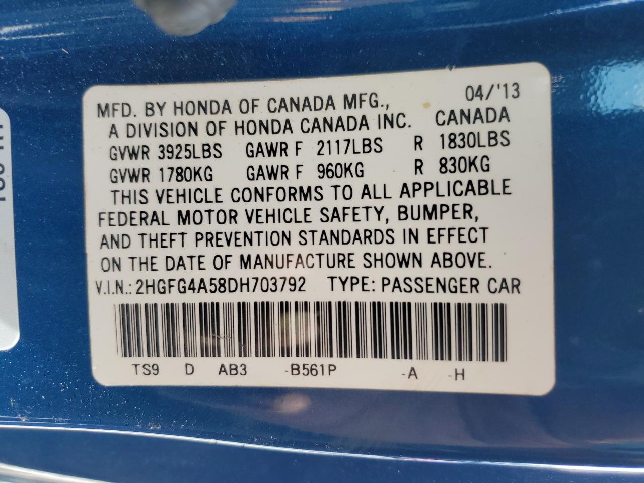 2HGFG4A58DH703792 2013 Honda Civic Si