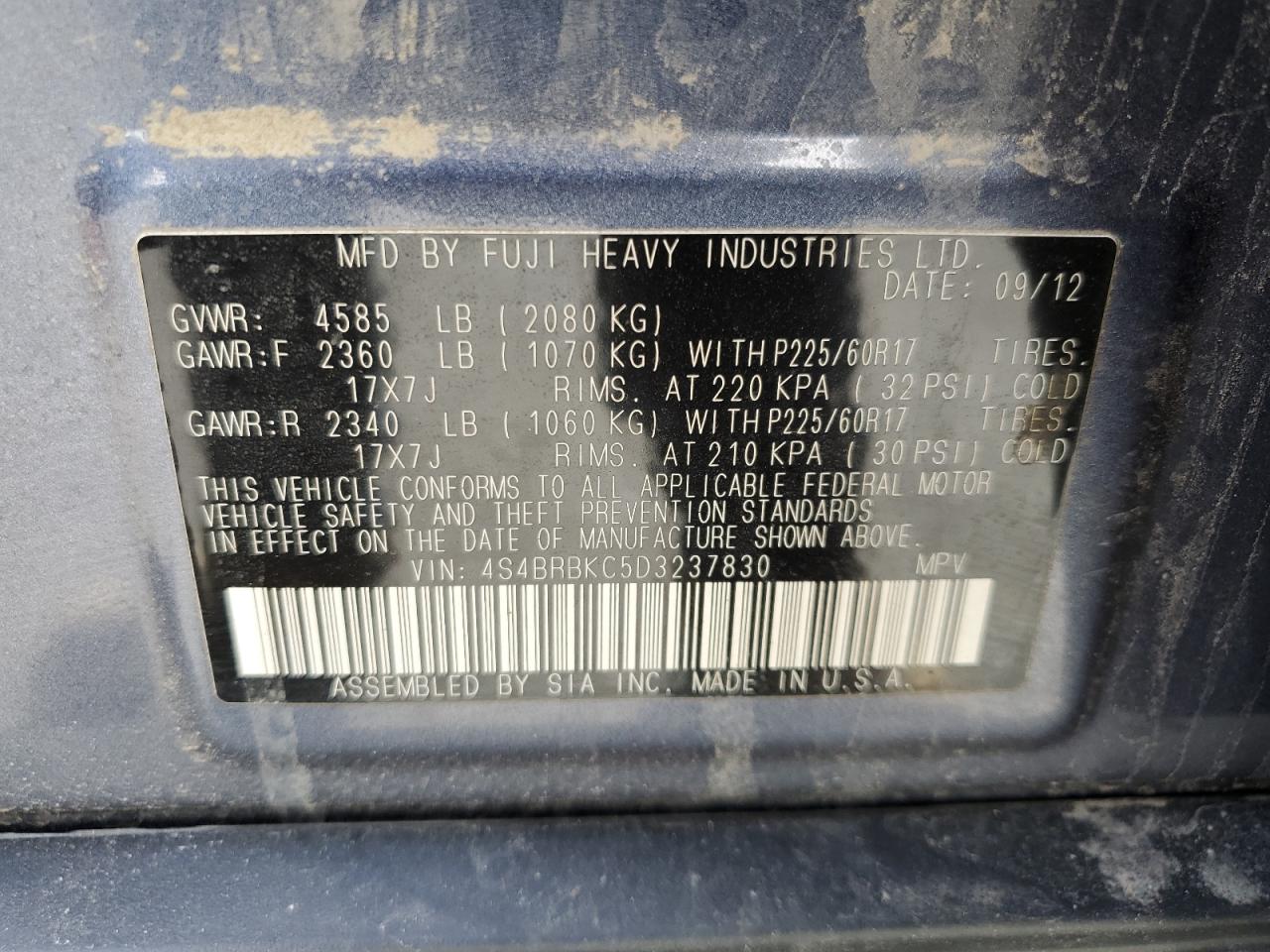 4S4BRBKC5D3237830 2013 Subaru Outback 2.5I Limited