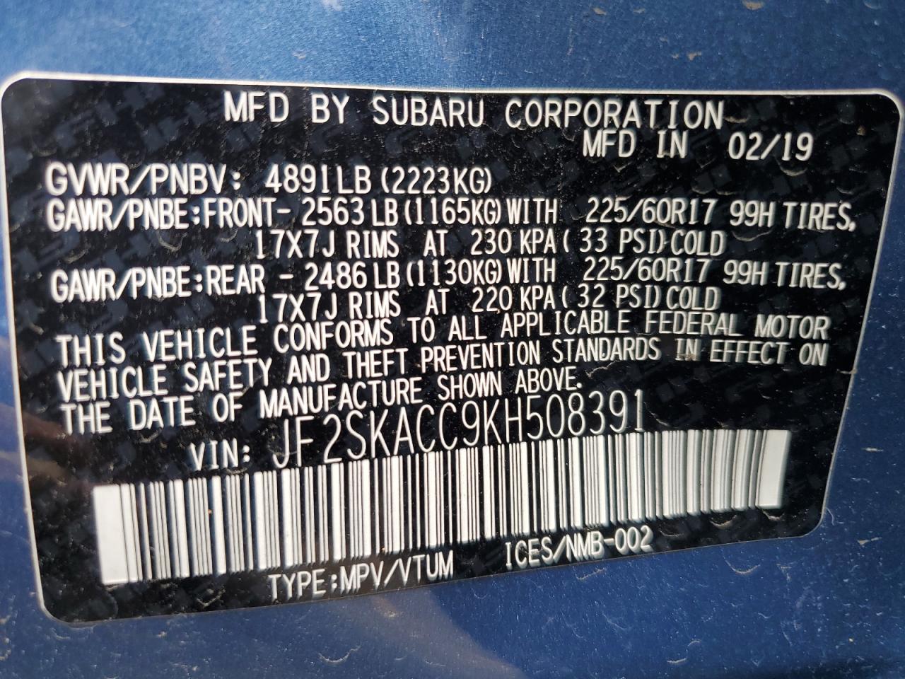 JF2SKACC9KH508391 2019 Subaru Forester