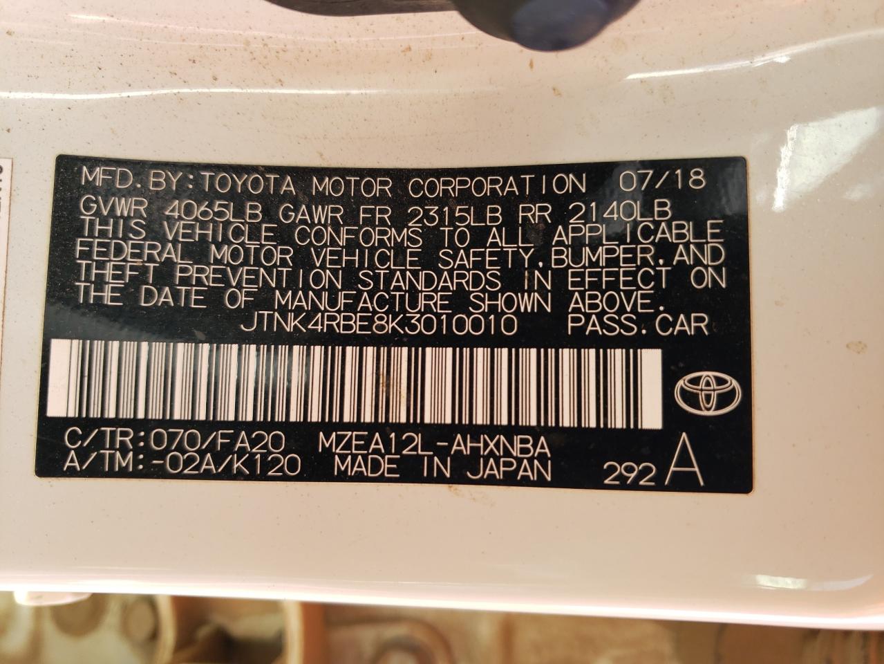 JTNK4RBE8K3010010 2019 Toyota Corolla Se