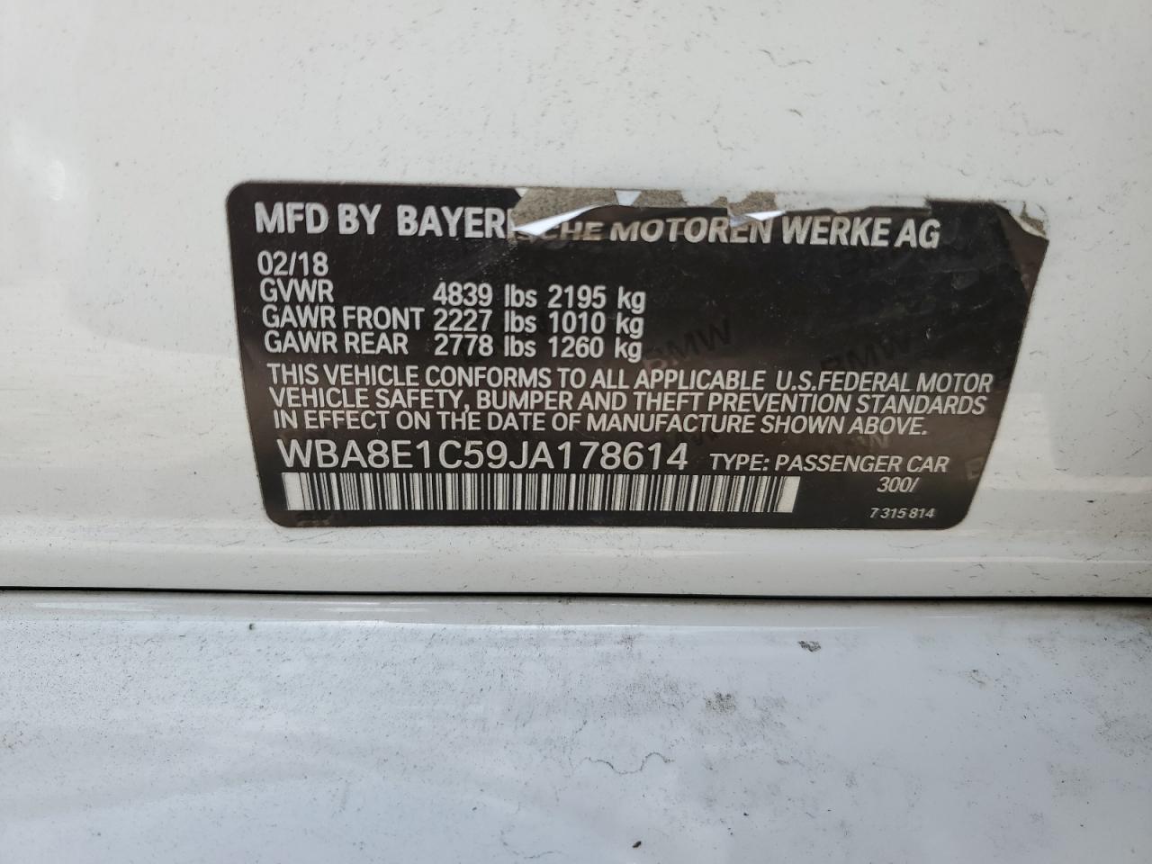 WBA8E1C59JA178614 2018 BMW 330E