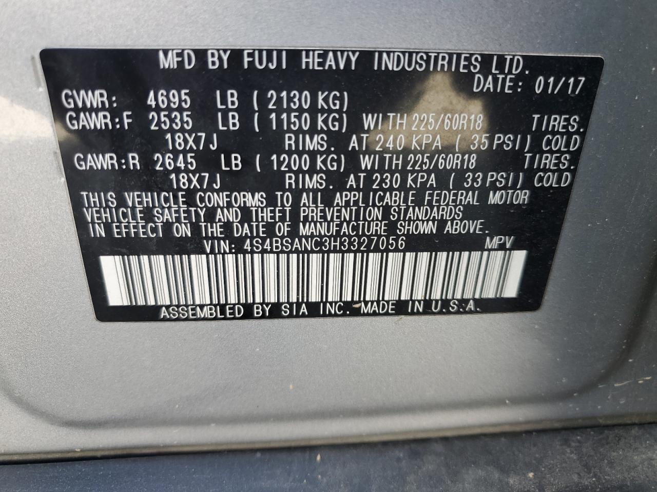 4S4BSANC3H3327056 2017 Subaru Outback 2.5I Limited