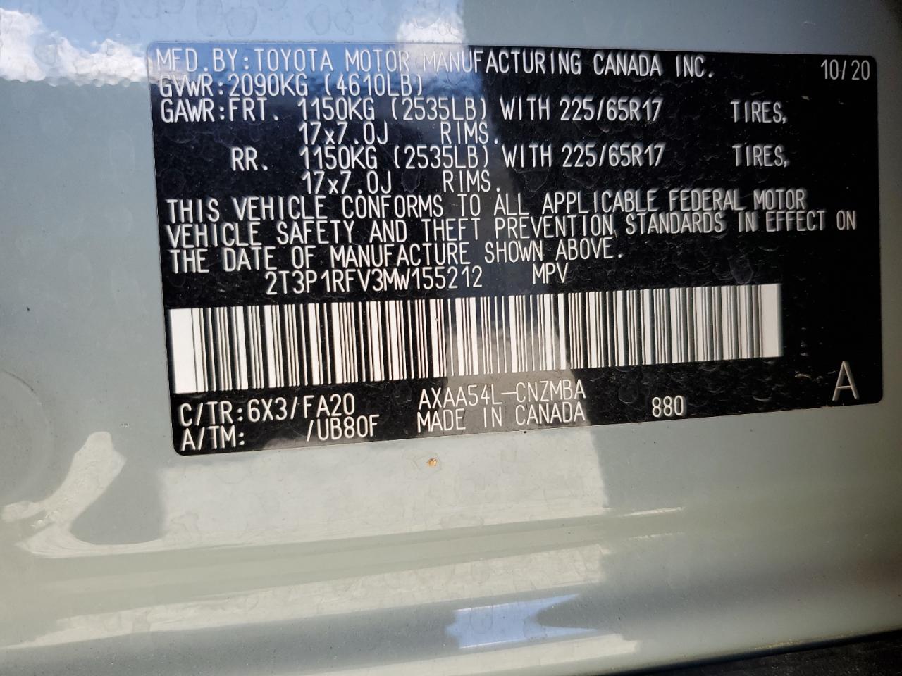 2T3P1RFV3MW155212 2021 Toyota Rav4 Xle