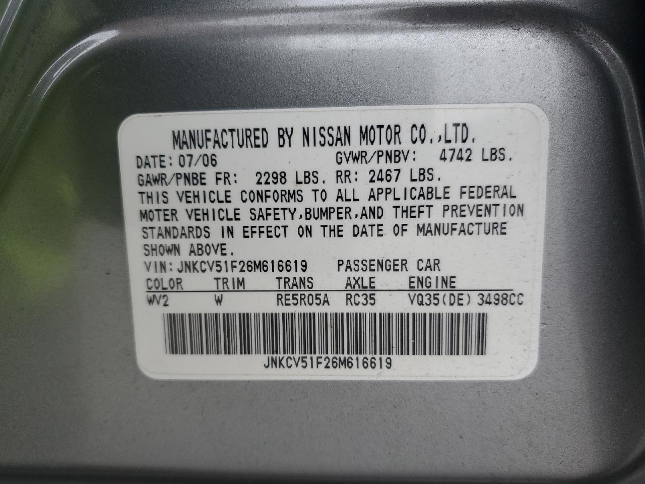 JNKCV51F26M616619 2006 Infiniti G35