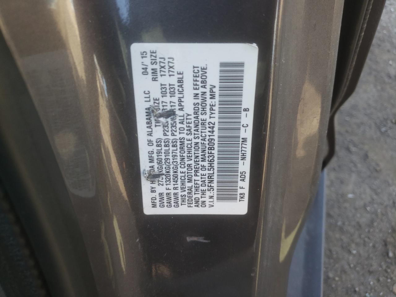 5FNRL5H63FB091442 2015 Honda Odyssey Exl