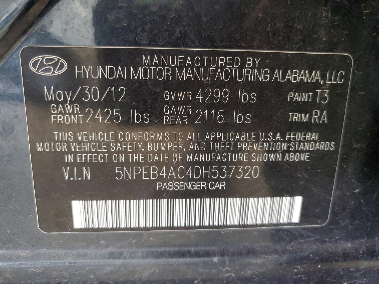 5NPEB4AC4DH537320 2013 Hyundai Sonata Gls