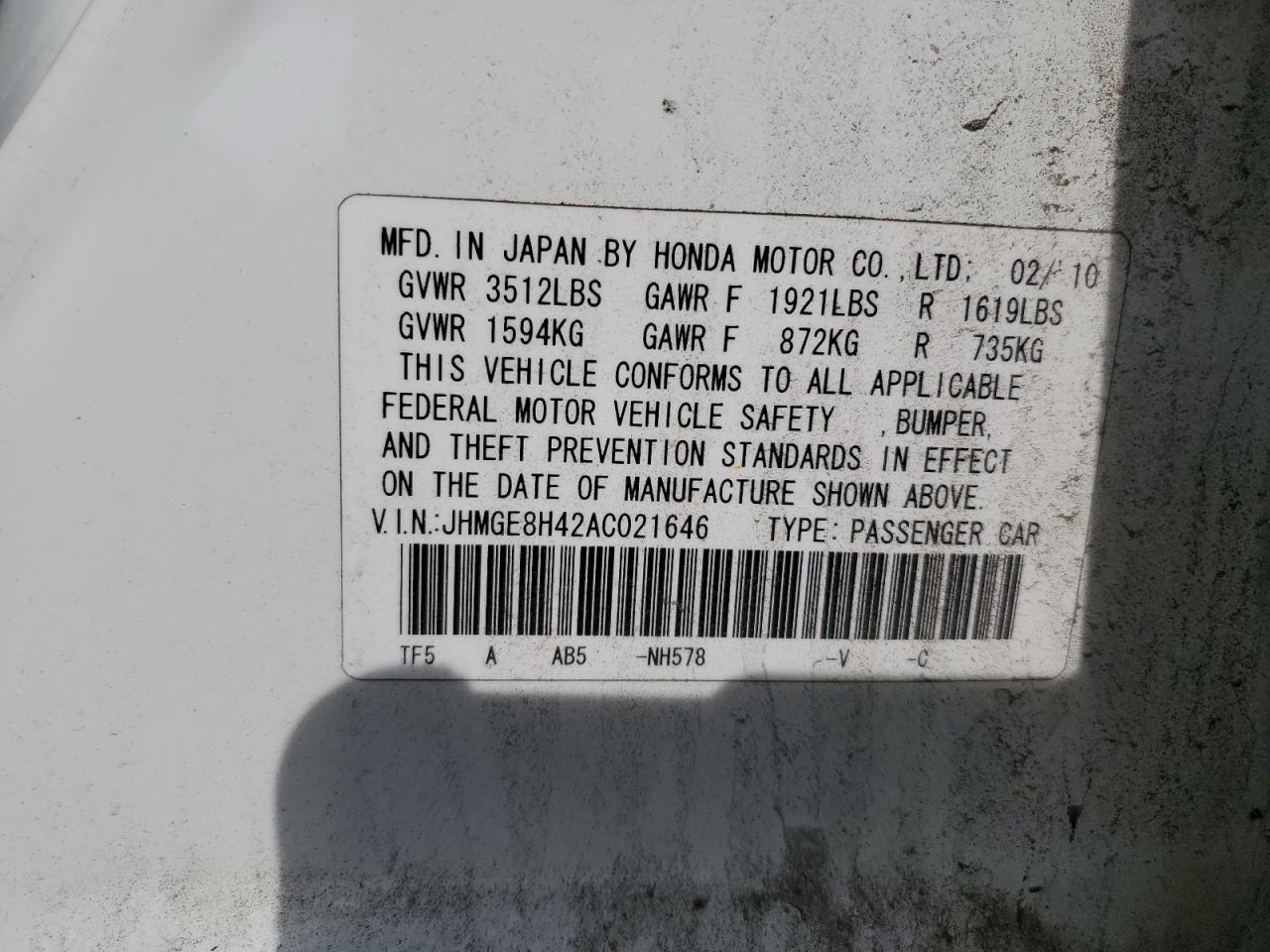 JHMGE8H42AC021646 2010 Honda Fit Sport