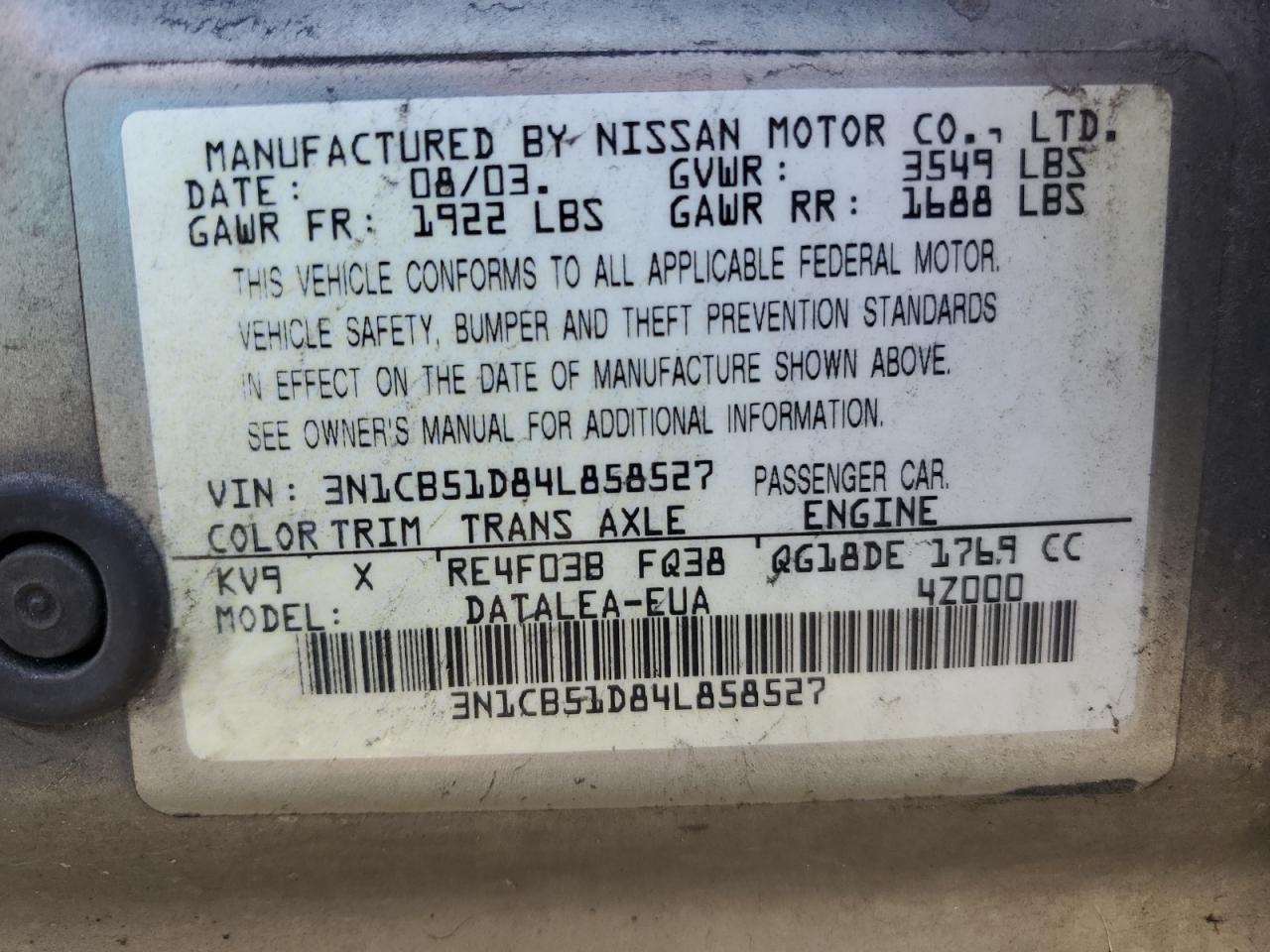 3N1CB51D84L858527 2004 Nissan Sentra 1.8