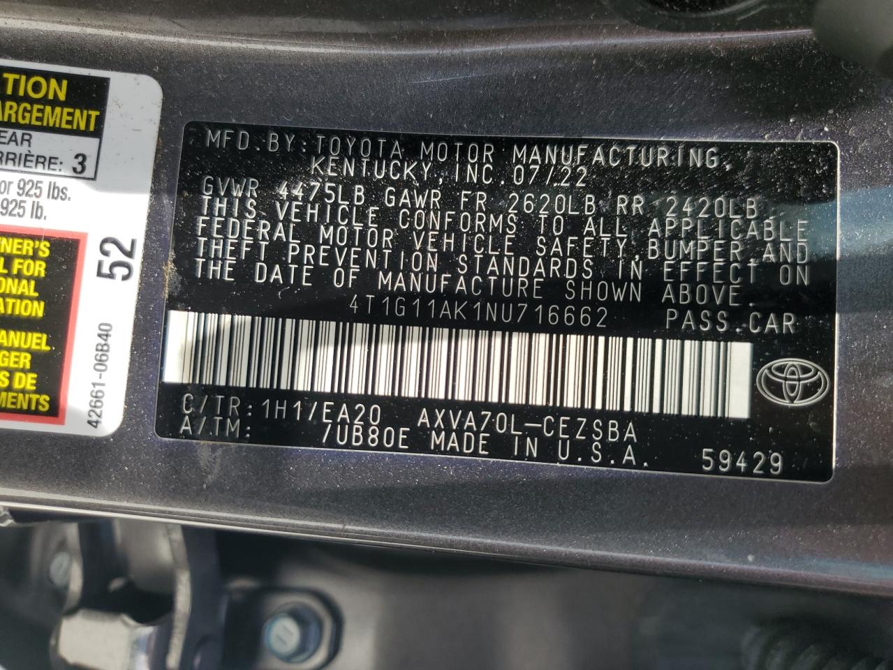 4T1G11AK1NU716662 2022 Toyota Camry Se