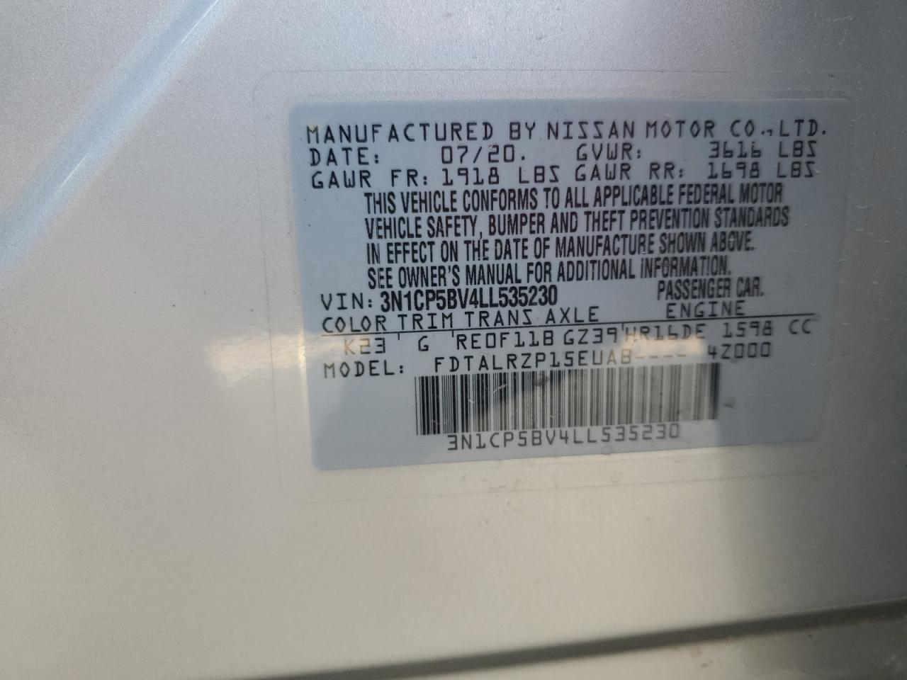 3N1CP5BV4LL535230 2020 Nissan Kicks S