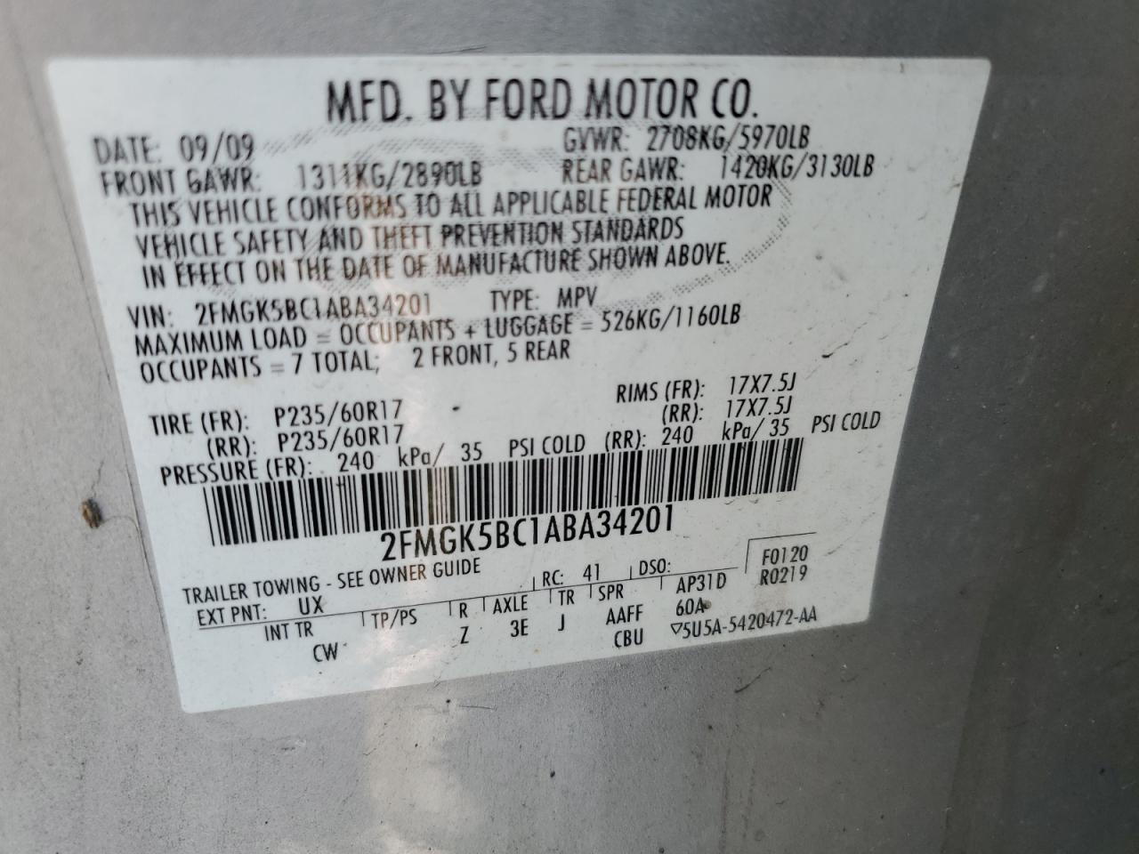 2FMGK5BC1ABA34201 2010 Ford Flex Se