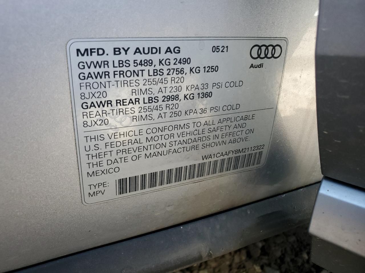 WA1CAAFY8M2112322 2021 Audi Q5 Prestige